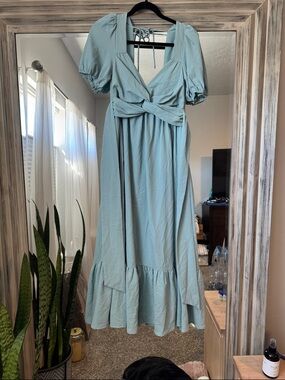 Astr Light Blue Knot-Front Puff Sleeve Maxi Dress
